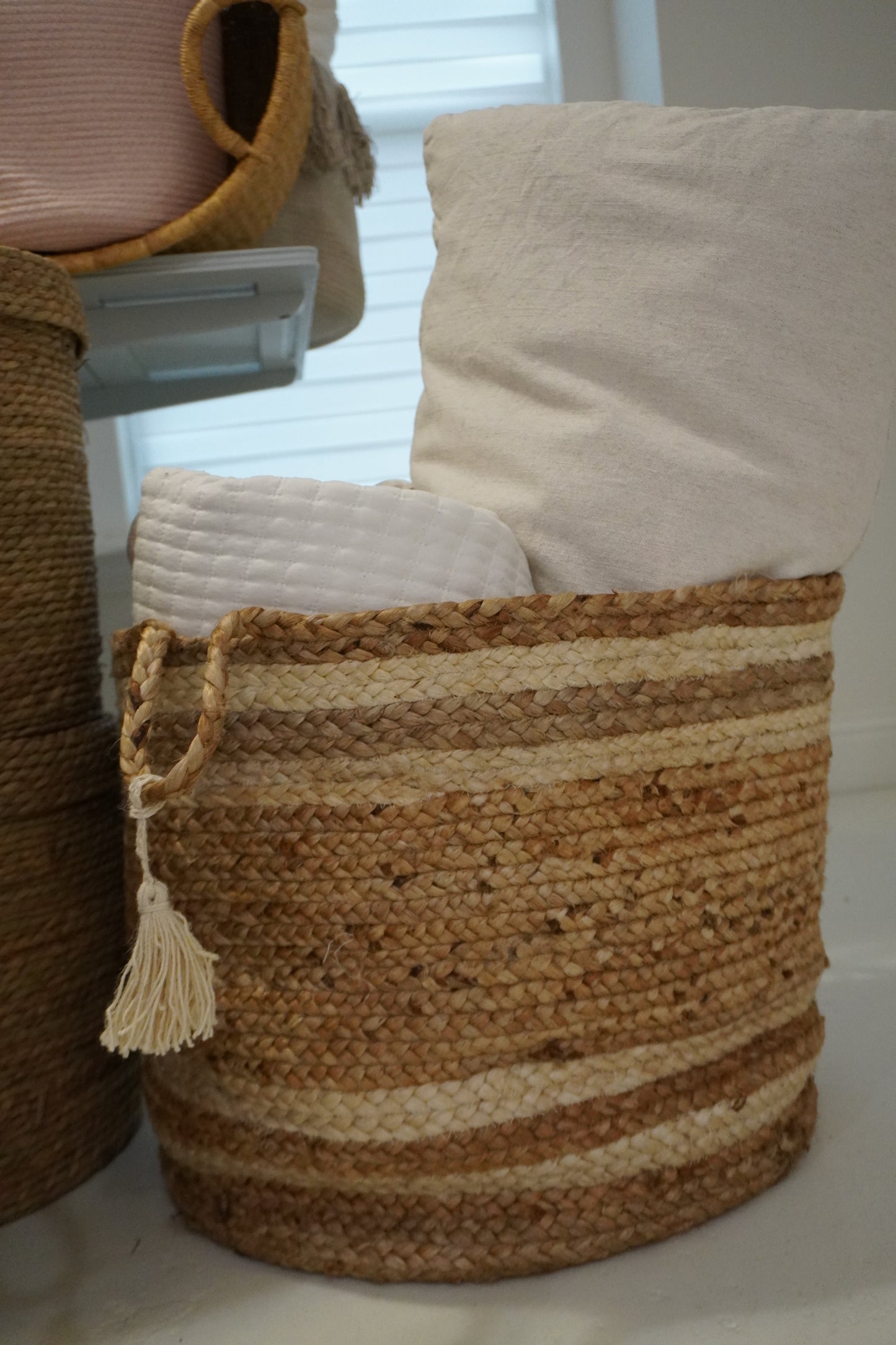 Montego Striped Natural Jute Decorative Storage Basket