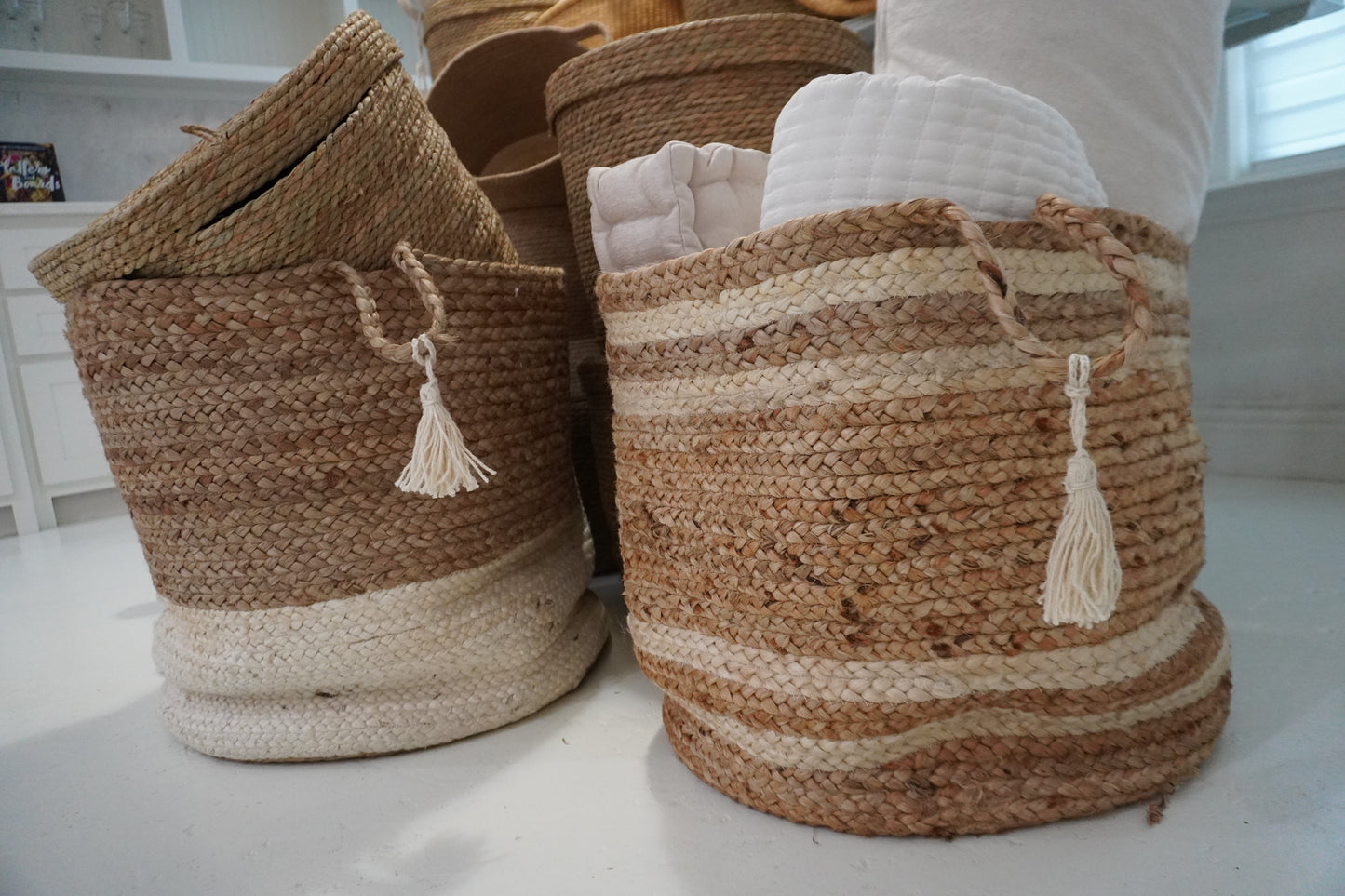 Montego Striped Natural Jute Decorative Storage Basket